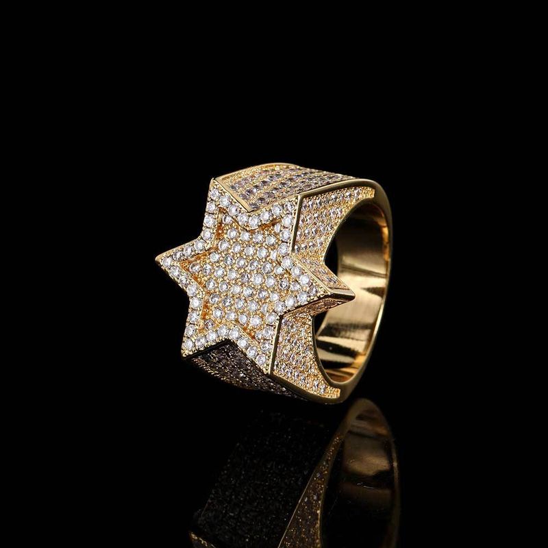 Bague Hip Hop Star pour homme, plaquée or, oxyde de zirconium cubique, design géométrique audacieux, bijoux de déclaration, tailles 7 à 10, bague Hip Hop de personnalité exagérée_voghion.com