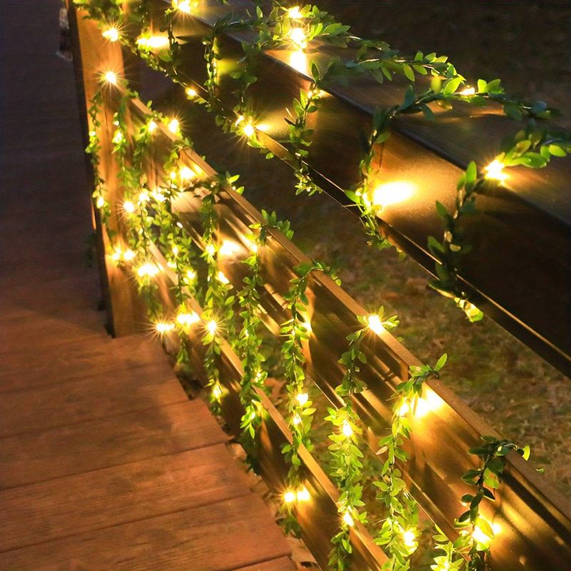 Modern Green Leaf Garland String Lights,Battery Operated Fairy Lights For Bedroom,Party,Christmas,All SeasonHome Decor, Copper & Plastic,Holiday Decor_voghion.com