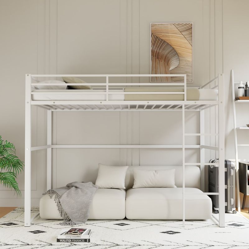 Metal Loft Bed Twin Size, Loft Bed Frame With Safety Guard Rails & Flat Ladder, Twin Loft Bed For Kids Teens Adults, White_voghion.com
