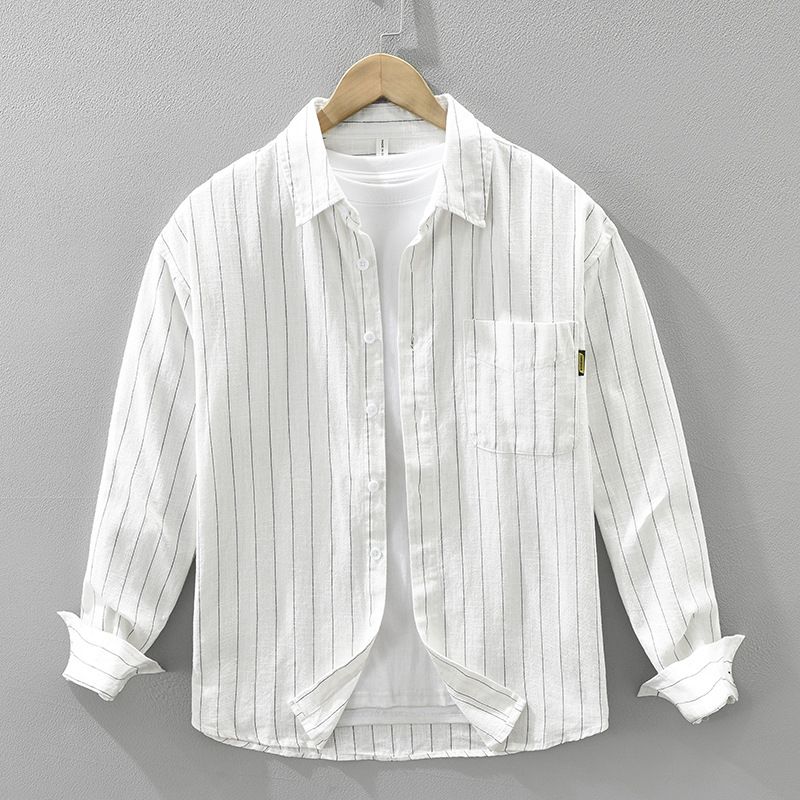 Camicia a maniche lunghe in lino a righe per uomo, alla moda e versatile, top ampio e casual._voghion.com