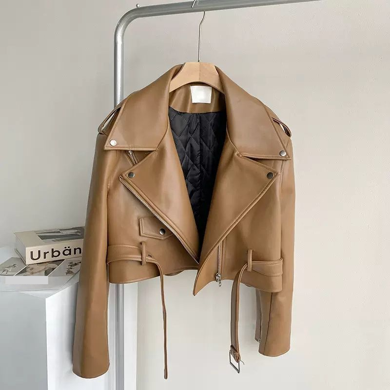 Women's Clothing retro leather jacket for women autumn and winter new style fashionable design belt short motorcycle leather jacket trend_voghion.com