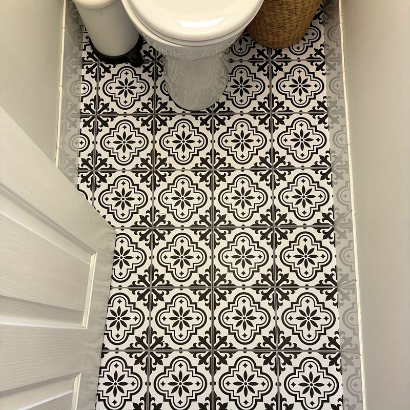 12PCS Moroccan Style Black And White Floor Stickers Home Decor Self-Adhesive Kitchen Bathroom Wear-resistant Flower Tile Stickers_voghion.com