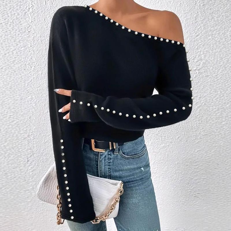 Elegante schulterfreie Bluse mit Perlenverzierung – fließendes Polyester-Top für Damen, schicke Büro- und Abendgarderobe, S/M/L/XL_voghion.com