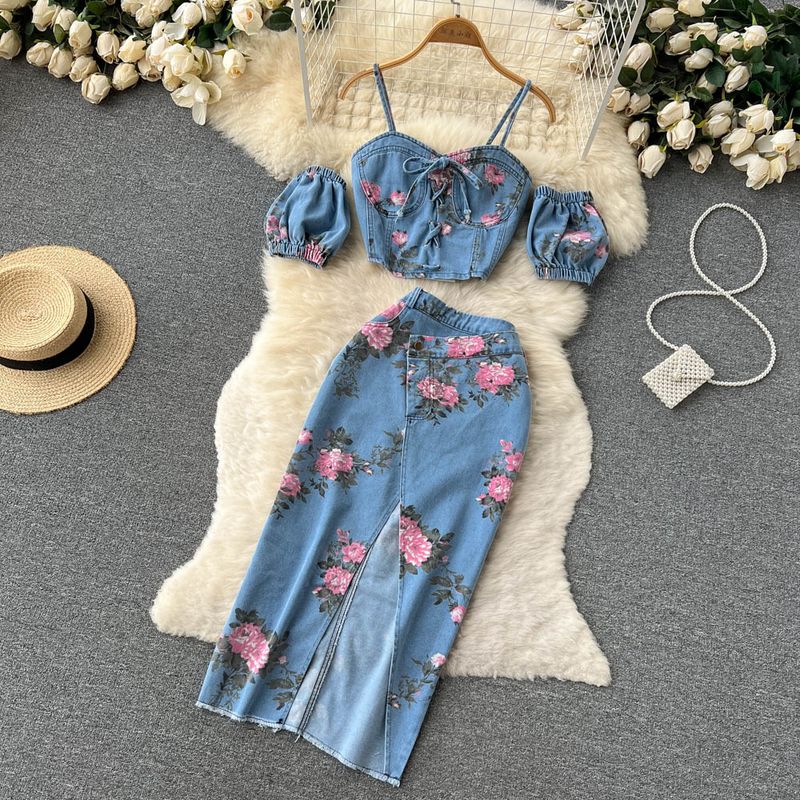 Rose print Off the shoulder halter vest outside wear denim jeans skirts set high waist slit skirt two piece set3832961_voghion.com