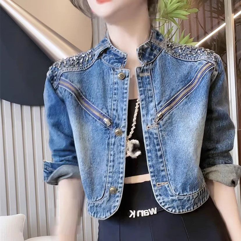 2025 European Style Rhinestone Embellished Early Women's New Denim Short Jacket Spring Autumn High-end Unique And_voghion.com