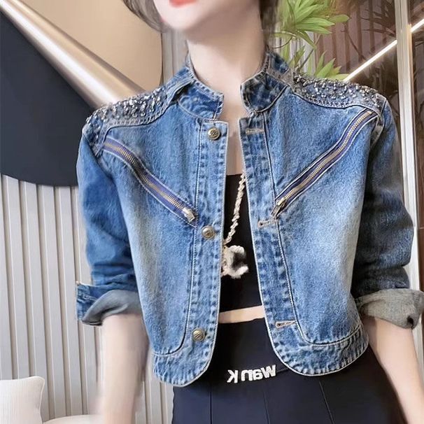2025 European Style Rhinestone Embellished Early Women's New Denim Short Jacket Spring Autumn High-end Unique And_voghion.com