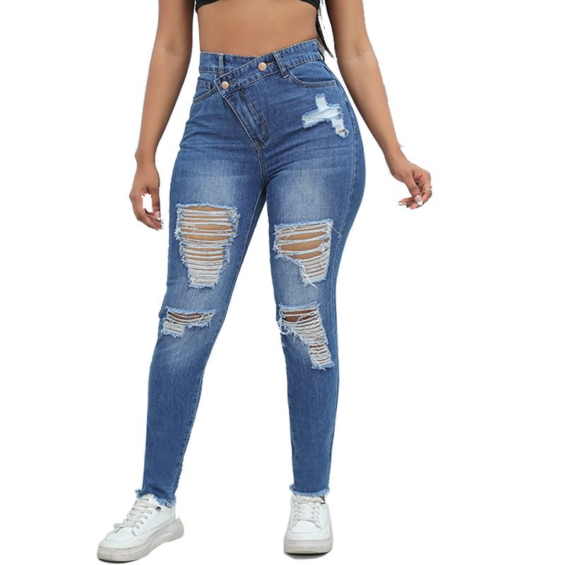 Women's Clothing Denim Autumn High End Large Size Ripped High Waist Slim Niche Washed Women's Jeans_voghion.com