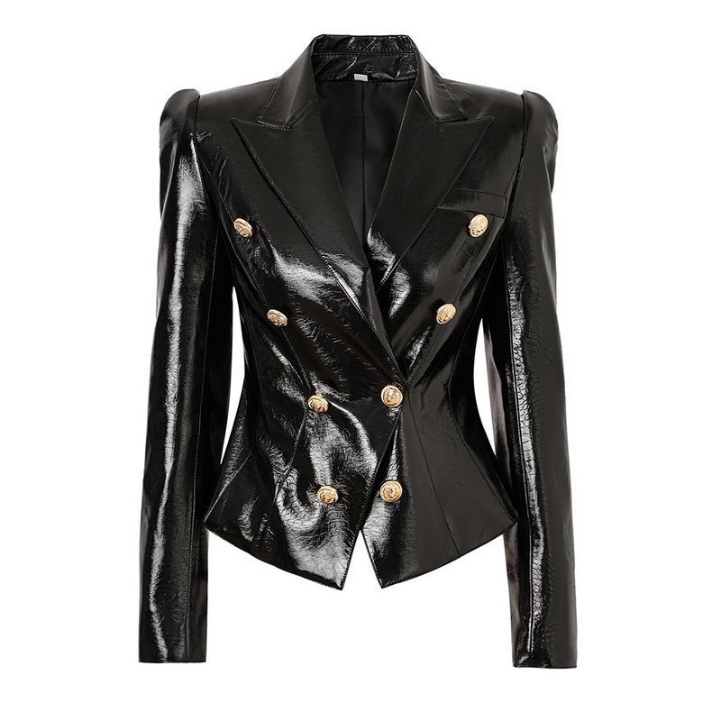 Women's Clothing autumn and winter new style black pu leather shiny shrug slim small suit waist waist temperament jacket top trend_voghion.com