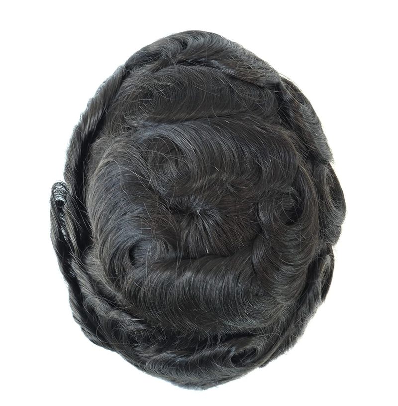 Q6 Toupee For Men 100% Human Hair Pieces I French Lace Front Poly Skin Bleached Hair Replacement System Men Wigs Off Black Color #1B_voghion.com