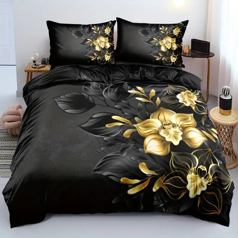 Black And Gold Floral Duvet Cover Bedding Foreign Trade Home Textile 3d Digital Printing Quilt Cover Three Piece Set_voghion.com