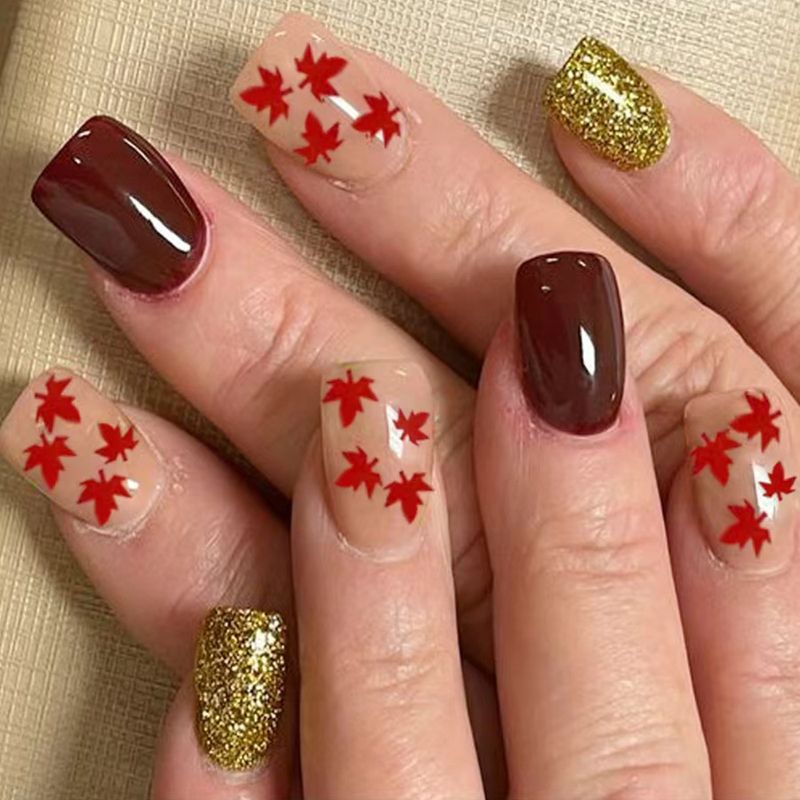 Short Glitter Square Armor Autumn and Winter Fashion Fire Red Maple Leaf Solid Color Glitter Press Wear Armor Female Universal 24 Pieces_voghion.com