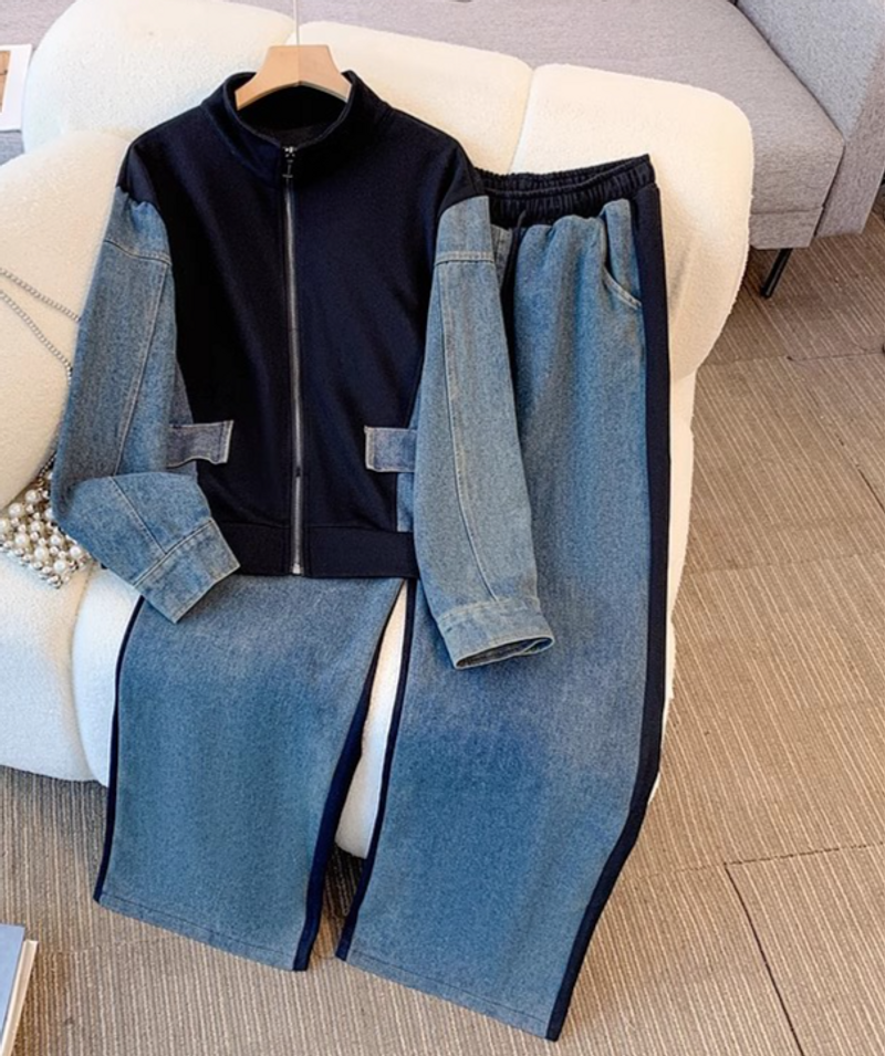 Women's Clothing Denim patchwork tops for girls spring and autumn new junior high school students wide leg long pants two piece suit_voghion.com