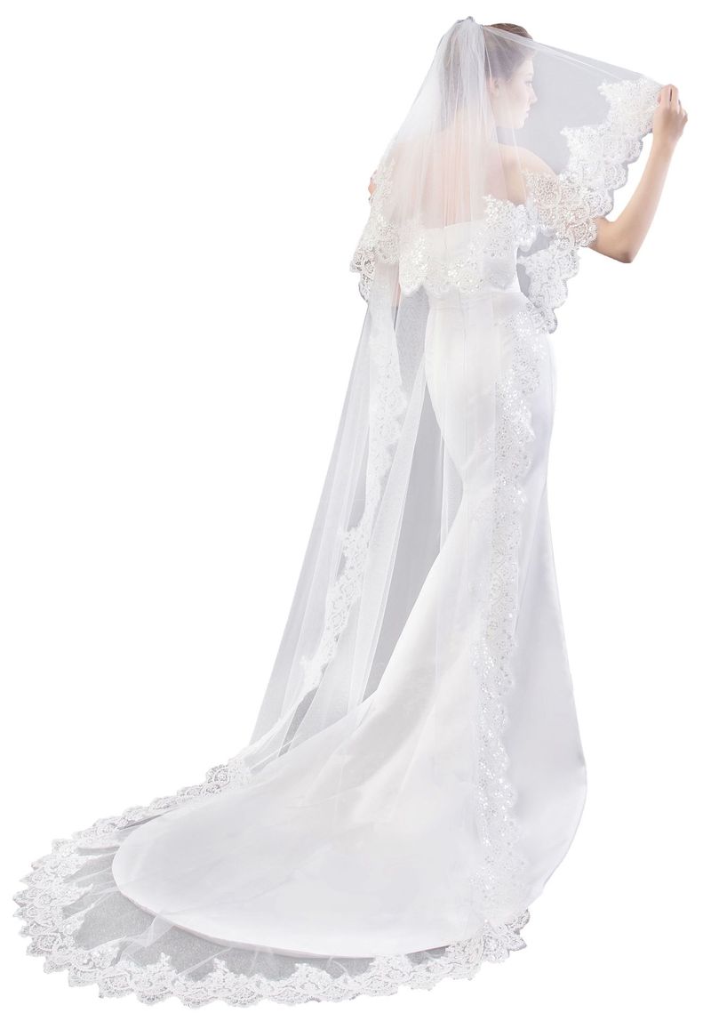 Vêtements pour femmes Robe de mariée traînante Voile de mariée Dentelle blanche Paillettes Dentelle Peigne à cheveux en métal Deux couches de voile de mariée_voghion.com