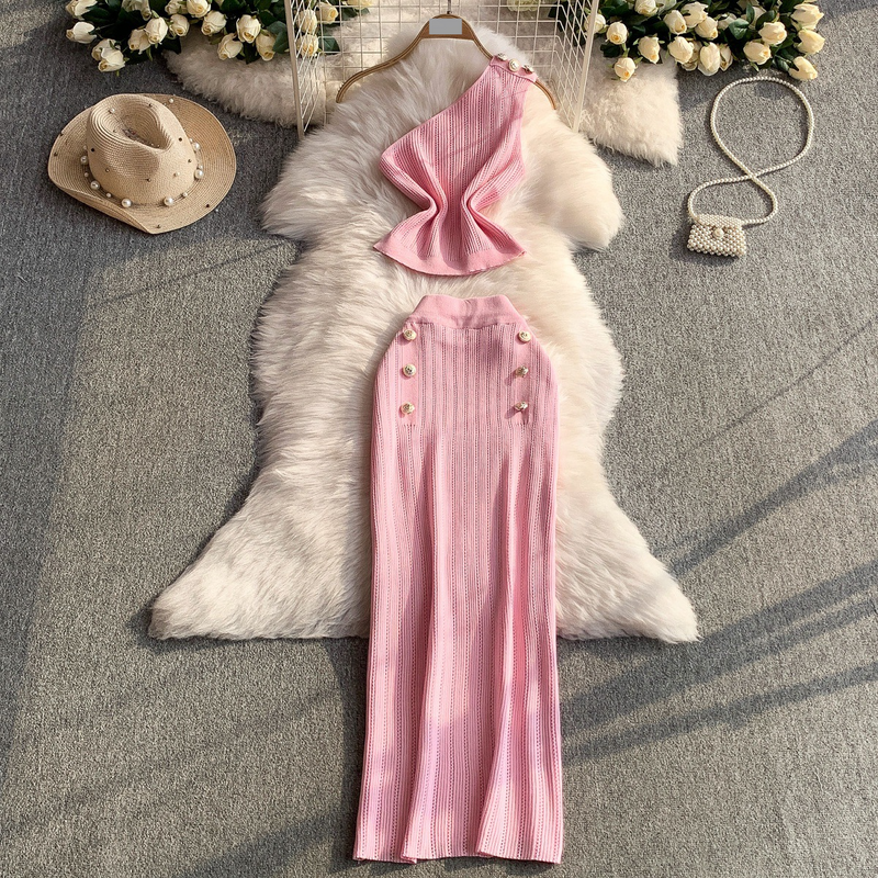 Ropa de mujer de alta gama, chaleco sin mangas con cuello inclinado, diseño de punto calado, top de dos piezas con doble botonadura y falda ajustada._voghion.com