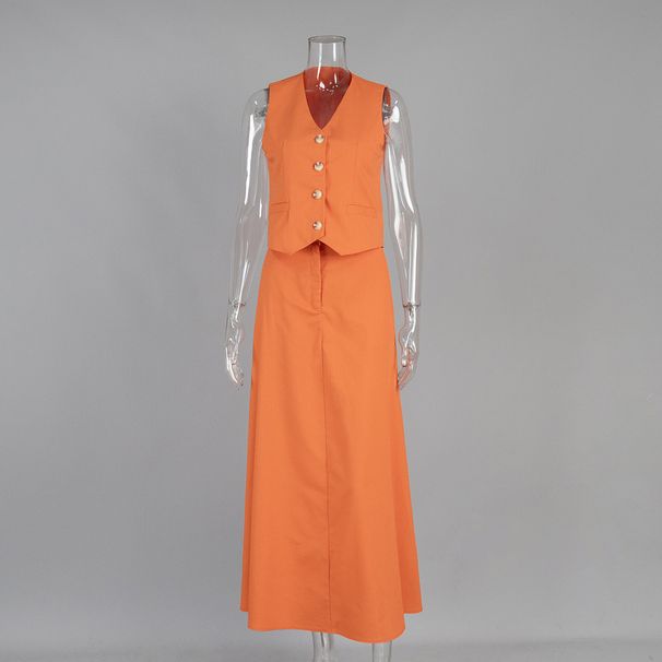 Damenbekleidung Baumwolle Leinen Weste Rock Anzug Weste Big Swing Rock Casual Anzug_voghion.com