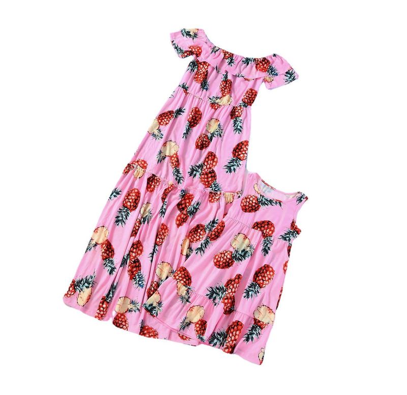 Mother & Kids Foreign trade spring and summer pineapple print ruffled one-shoulder parent-child dress_voghion.com
