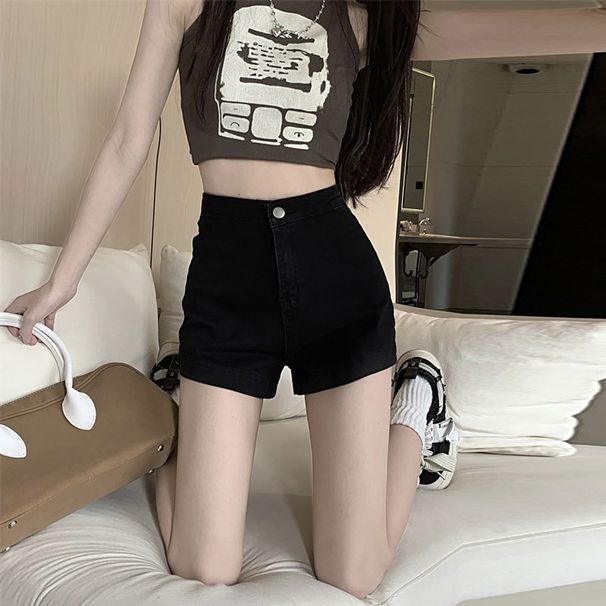 Pantaloni caldi con sollevamento dell'anca attillati elastici neri, jeans versatili estivi a vita alta con gamba dritta con base, nicchia_voghion.com