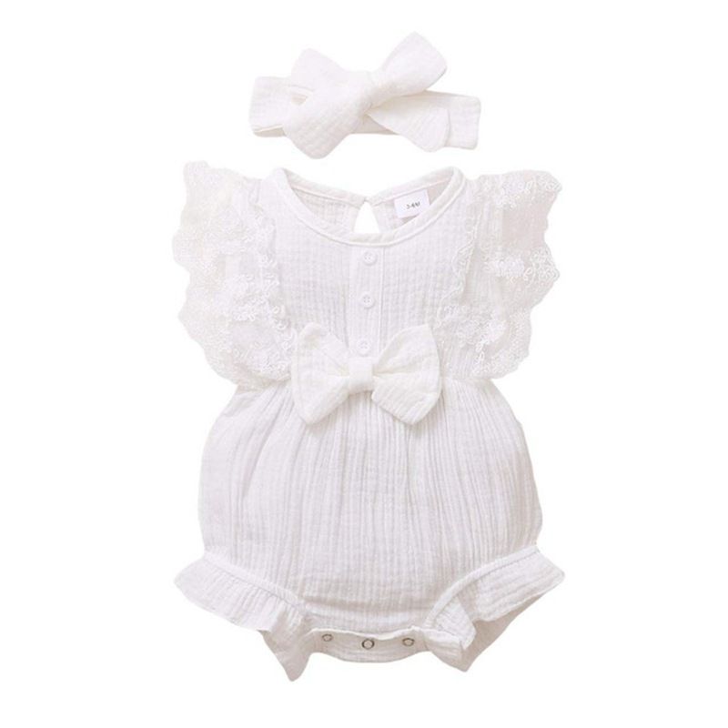 Ins Infantil Menina Bebê Doce Cor Renda Pacote Peido Macacão Vestido Princesa Macacão Faixa de Cabeça_voghion.com