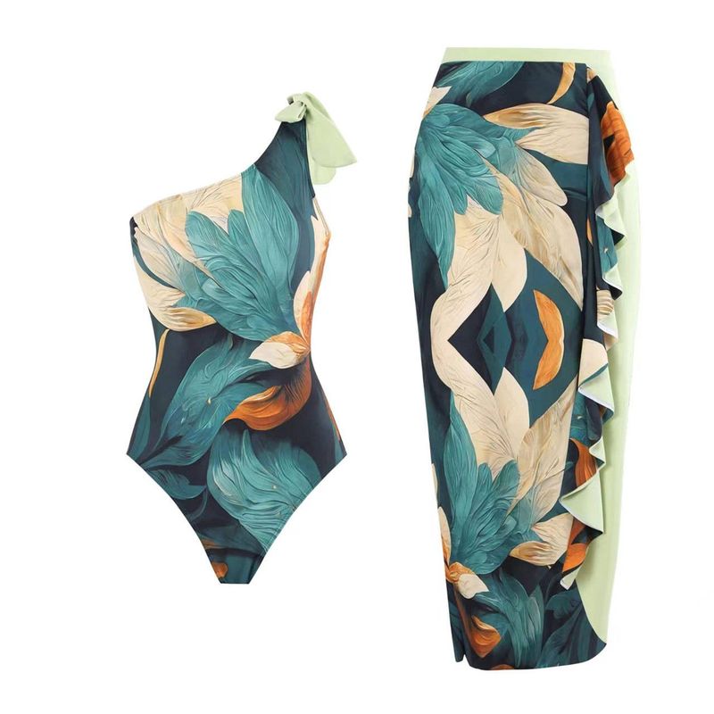 French Vintage One Shoulder One Piece Swimsuit Mesh Skirt Two Piece Swimsuit_voghion.com