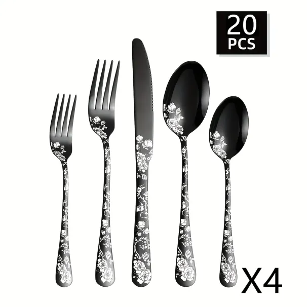 20-Piece Black Cutlery Set - Steak Knife, Fork, Dessert Spoon_voghion.com