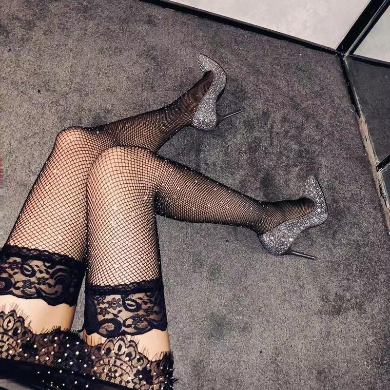 Sexy Strass Schwarze Strümpfe Spitzenbesatz Overknee-Socken Ins Damen Lange Röhre Sommer Herbst Abnehmen Vielseitig Dünn_voghion.com