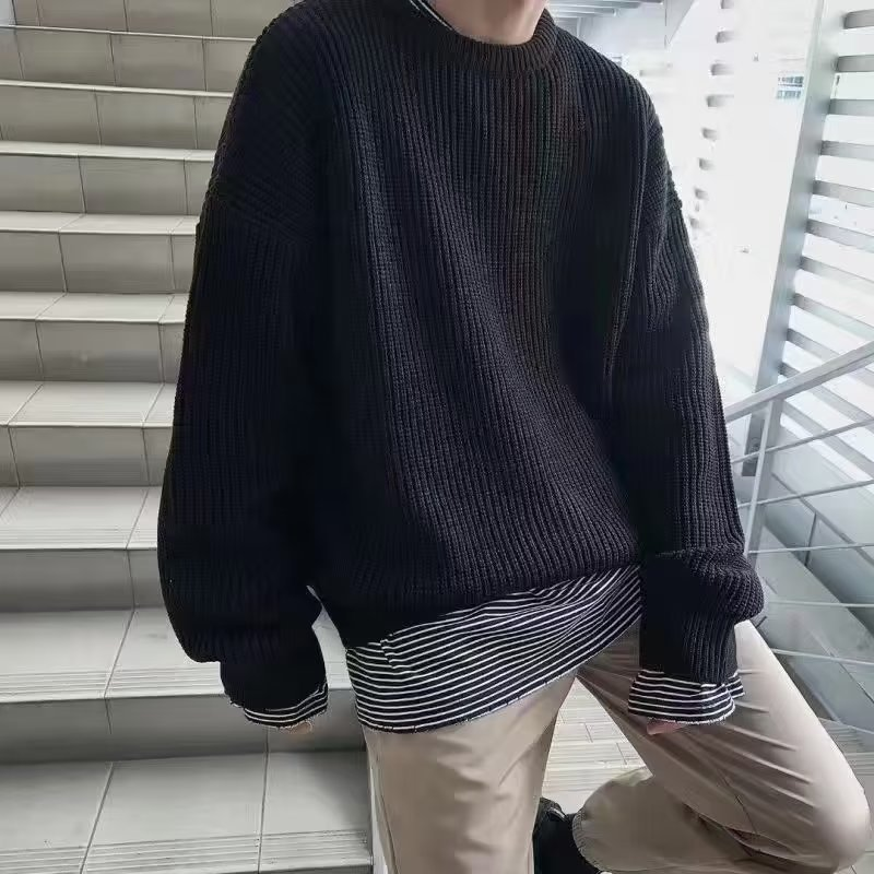 Pull à col rond pour hommes, marque tendance, couleur unie, version coréenne, ample, décontracté, rétro, tendance, automne et hiver_voghion.com