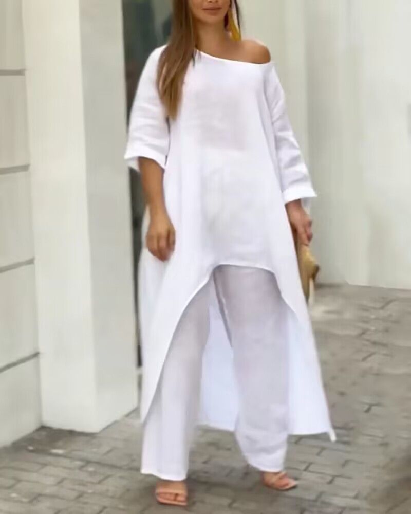 Women's Clothing Cotton And Linen Fashion Casual Large Size Irregular Long-sleeved Suit Wide-leg Pants Two-piece Set_voghion.com
