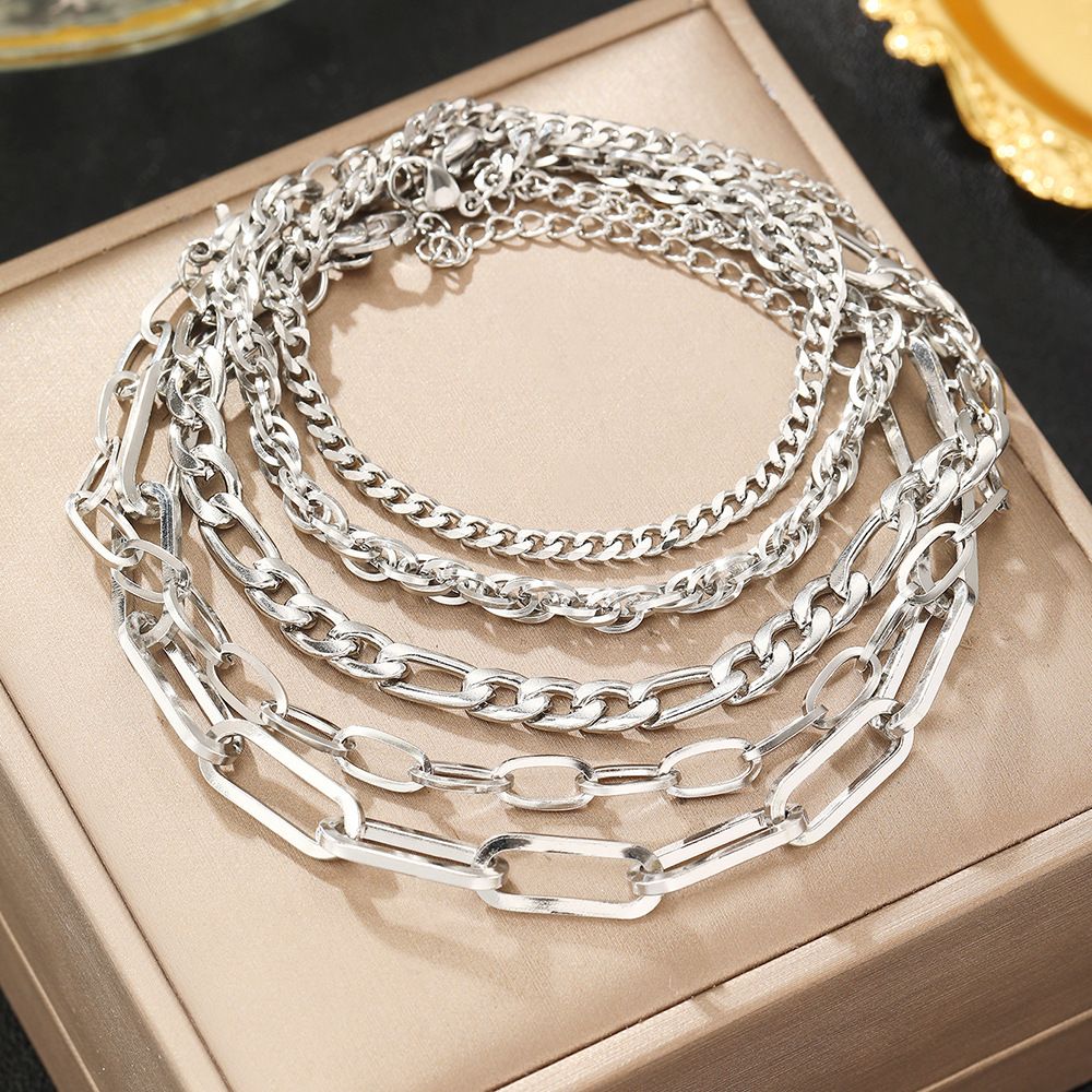 Boho minimalistická kovová dámská sada z nerezové oceli s 5 vícevrstvými řetízkovými náramky_voghion.com