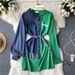 Women's Clothing Denim shirt patchwork dress long sleeves asymmetrical design niche waist slimming hip skirt_voghion.com