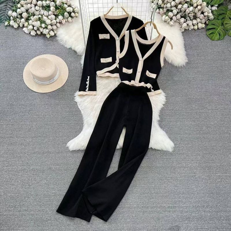 Women's Clothing Fashion Suit Stand Collar Loose Split Knitted Sweater Top Three Piece Suit High Waist Slim Straight Wide Leg Pants_voghion.com
