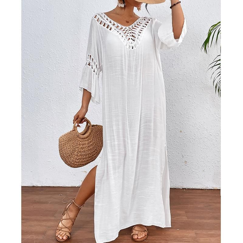 Vêtements pour femmes, nouvelle mode, vêtements pour femmes, crochet à la main, couture boule, sexy, creux, dos nu, ample, plage, longue jupe_voghion.com