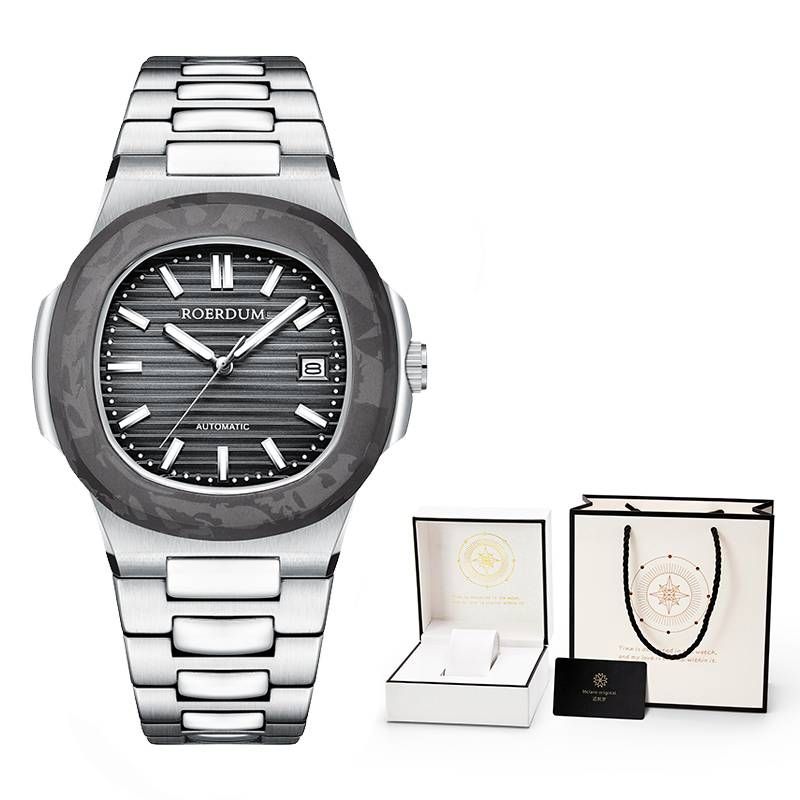 Orologio meccanico da uomo ROERDUM – Serie Nature, pietra vulcanica, design Nautilus, quadrante nero, bracciale in acciaio inossidabile, orologio da abito di lusso minimalista_voghion.com