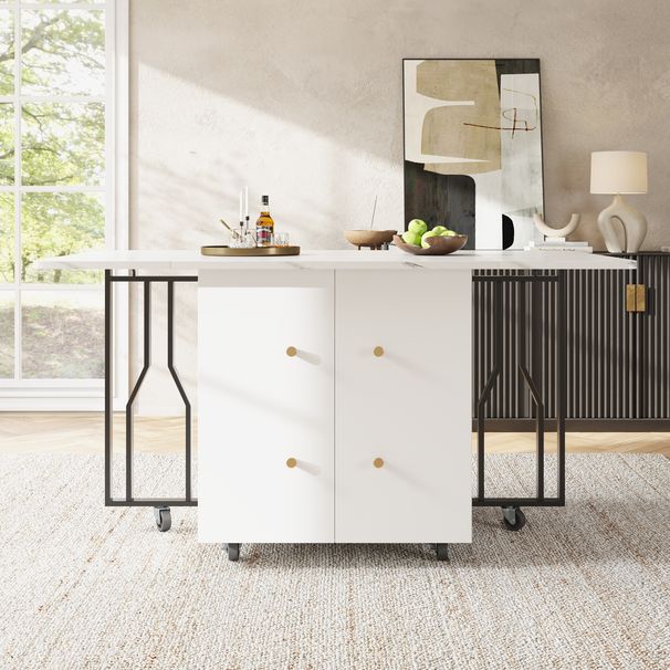 Tragbarer Esstisch Mit Klappbarer Marmorplatte, 6 Rollen, Schwarze Beine_voghion.com