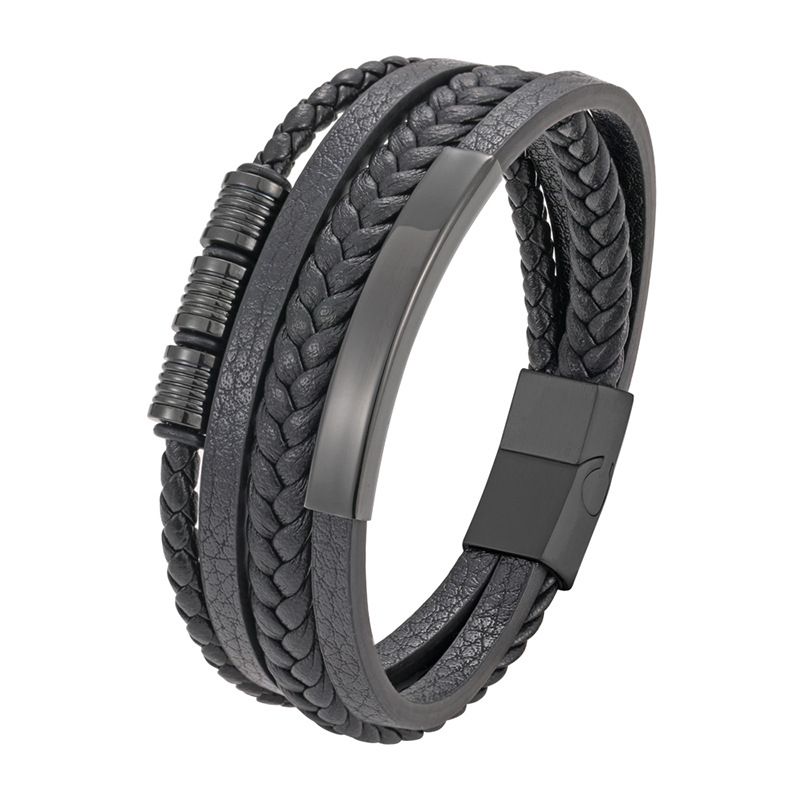 Leather Cord Stainless Steel Simple Woven Men's Multi-layer Bracelet_voghion.com