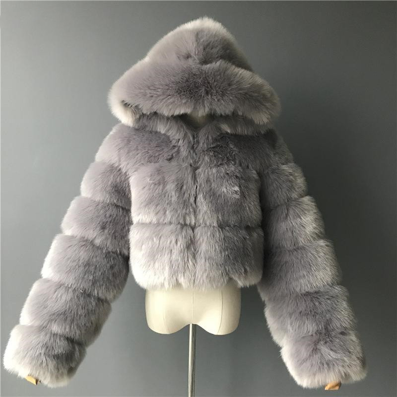 Damenbekleidung Pelzmantel Kurzer Pelzmantel Mit Kapuze Pelzmantel Fuchshaar Langarm Spleißen Damenmantel_voghion.com