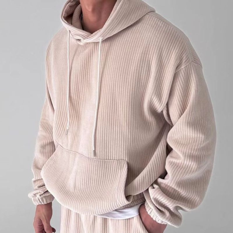 Felpa con cappuccio in velluto a coste da uomo - Pullover casual con ampie tasche per autunno inverno, casa e abbigliamento sportivo_voghion.com
