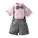 Children's clothing 2023 summer boys striped lapel short sleeved cotton shirt children's shoulder strap shorts British_voghion.com