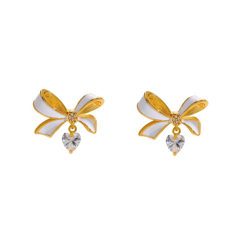 Orecchini a fiocco francese in smalto con zirconi, di alta qualità, eleganti e minimalisti._voghion.com