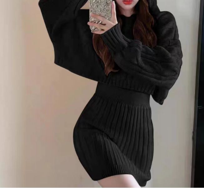 Autumn and winter 2024 new foreign style hooded knting Fried Dough Twists sweater high waist elastic hip wrap skirt_voghion.com