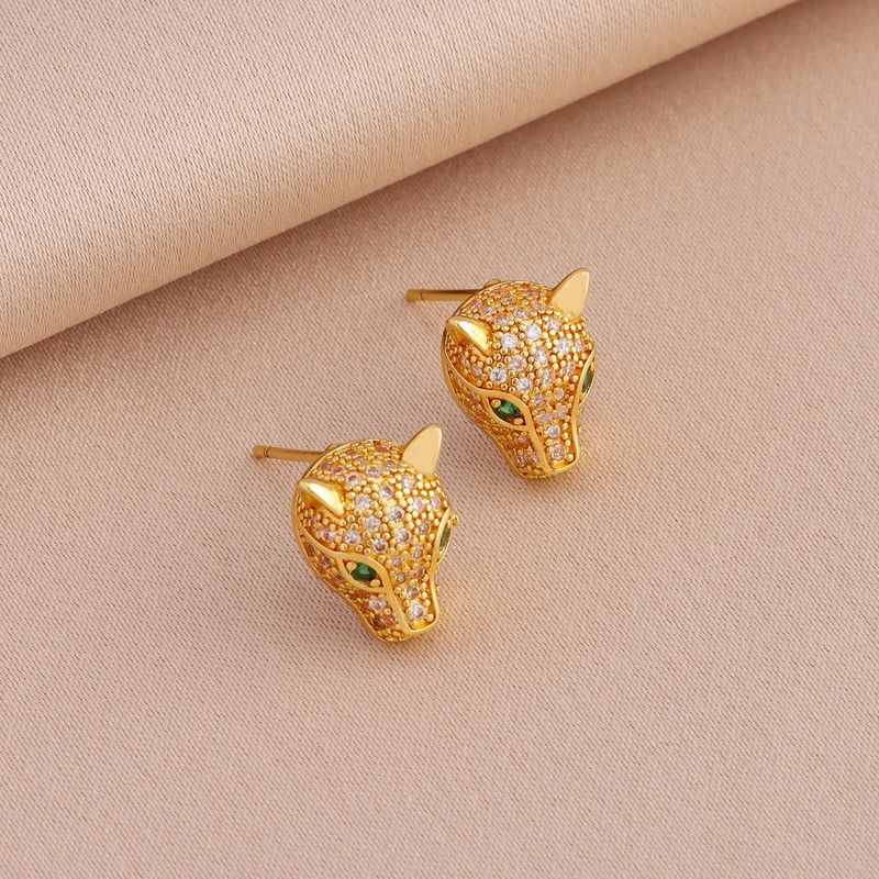 Classic Light Luxury Micro-set Green Eyes Leopard Head Necklace Earrings Set K Gold Titanium Steel Clavicle Chain Earrings_voghion.com