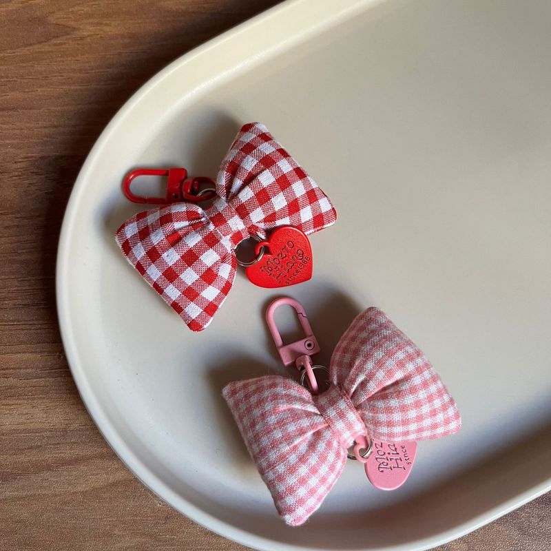 Porte-clés décoratif en forme de cœur avec nœud à carreaux couleur bonbon, version coréenne_voghion.com