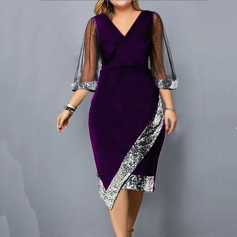  rochie de damă din catifea aurie cu paiete neregulate din plasă transparentă_voghion.com