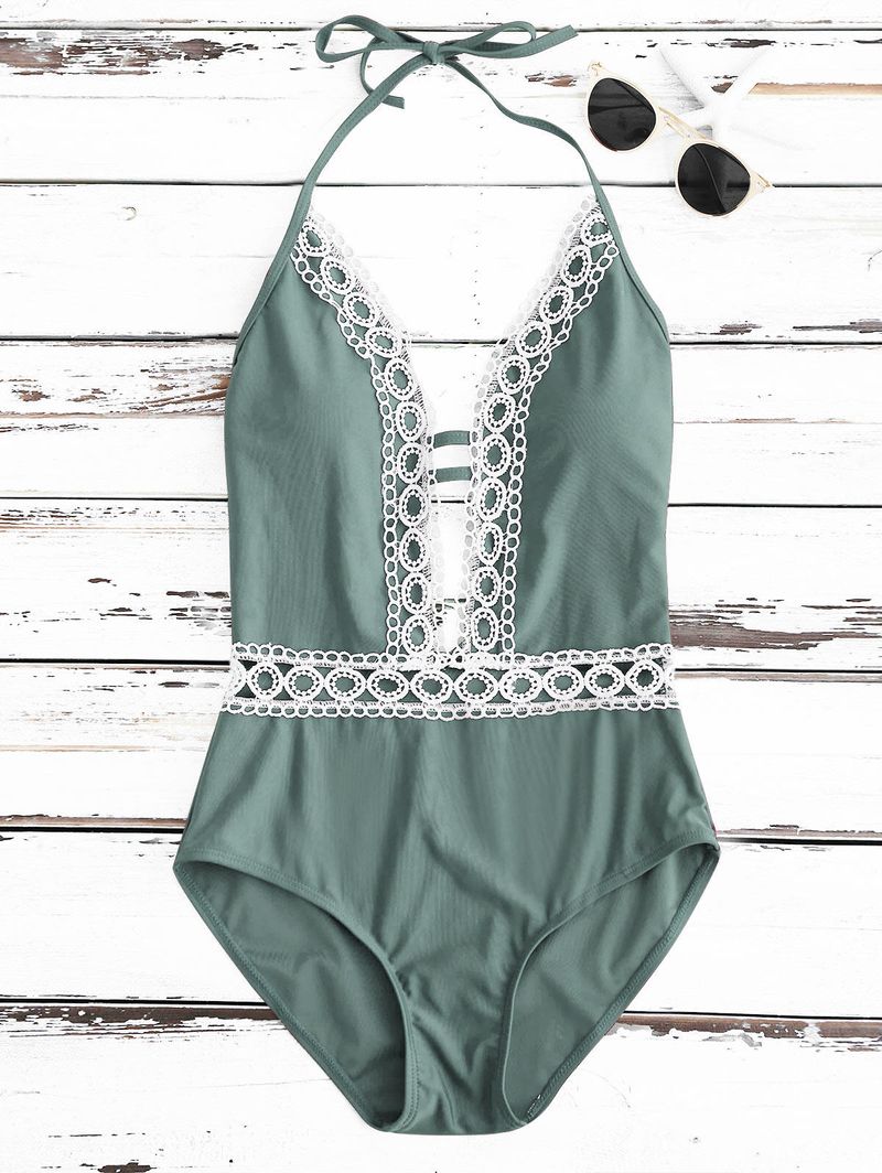 Happybuyner Maillot de bain une pièce en dentelle, maillot de bain dos nu, maillot de bain à col en V profond, rayures verticales imprimées uni_voghion.com