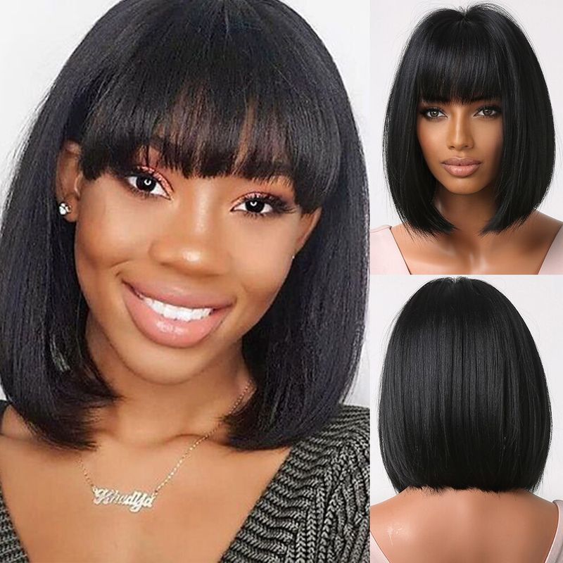 Honigbraune kurze Bob-Perücke mit Pony, synthetische, hitzebeständige Perücke, natürliches Haar_voghion.com