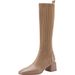 Plus Size Knitted Leather Socks New Over-the-Knee Slimming Elastic Mid-Calf Long Boots Women High Heel Square Toe_voghion.com