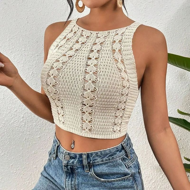 2025 Spring/Summer New Knit Sleeveless Commuter Hollow Waist Sweater For Women_voghion.com