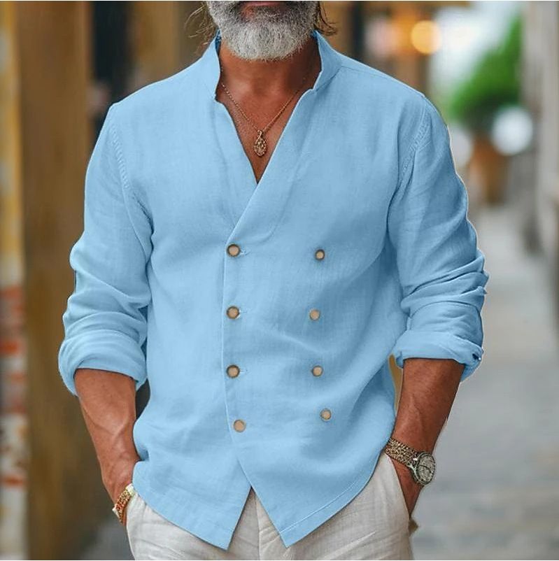 Camicia da uomo a doppio petto, casual, con colletto alto, taglie forti, in cotone e lino, a maniche lunghe_voghion.com