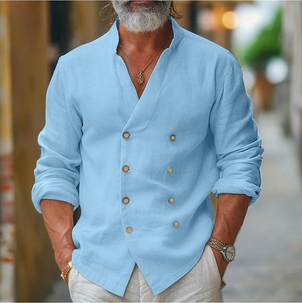 Camicia da uomo a doppio petto, casual, con colletto alto, taglie forti, in cotone e lino, a maniche lunghe_voghion.com