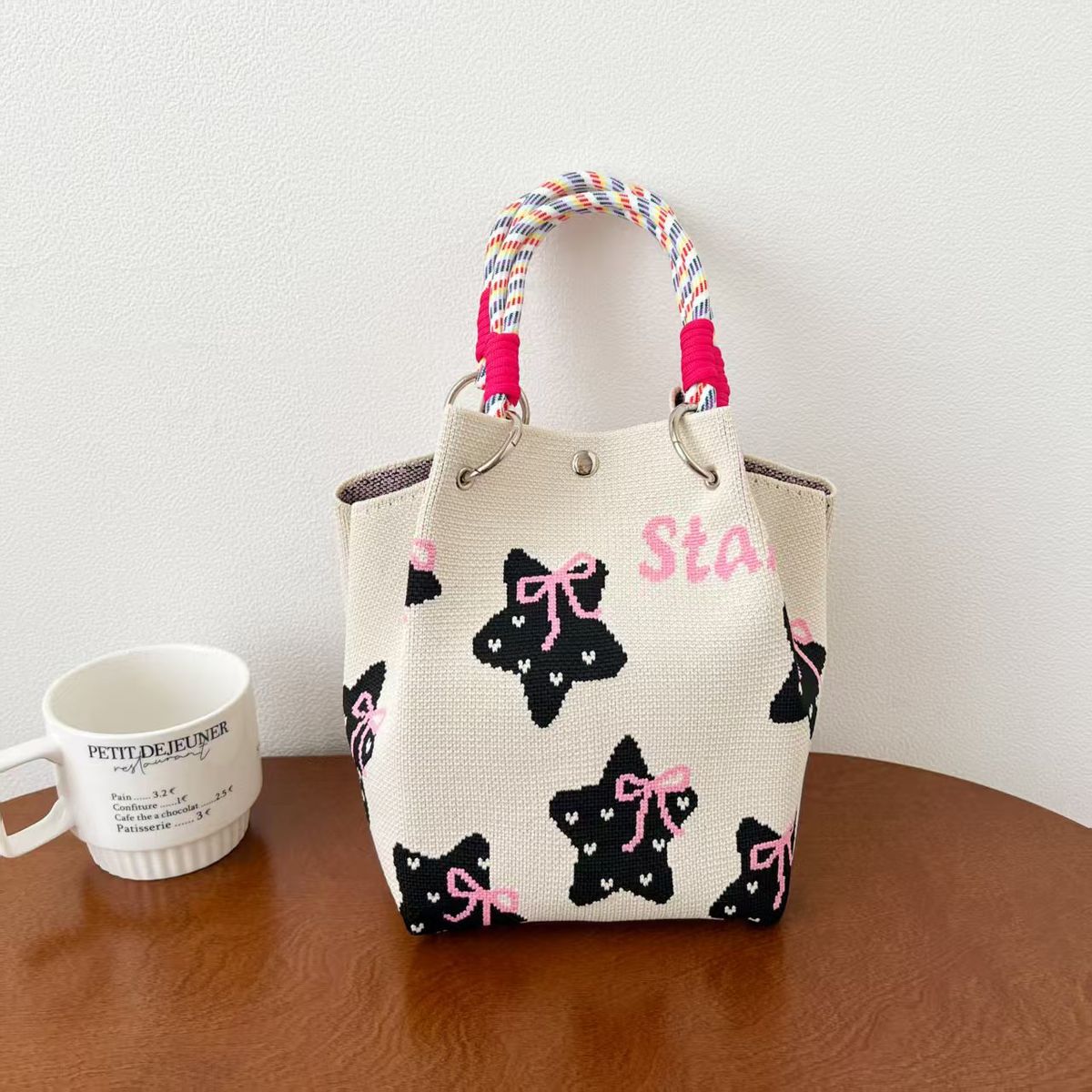 Houndstooth Shoulder Versatile Casual Knitted Tote Bag Handbag_voghion.com