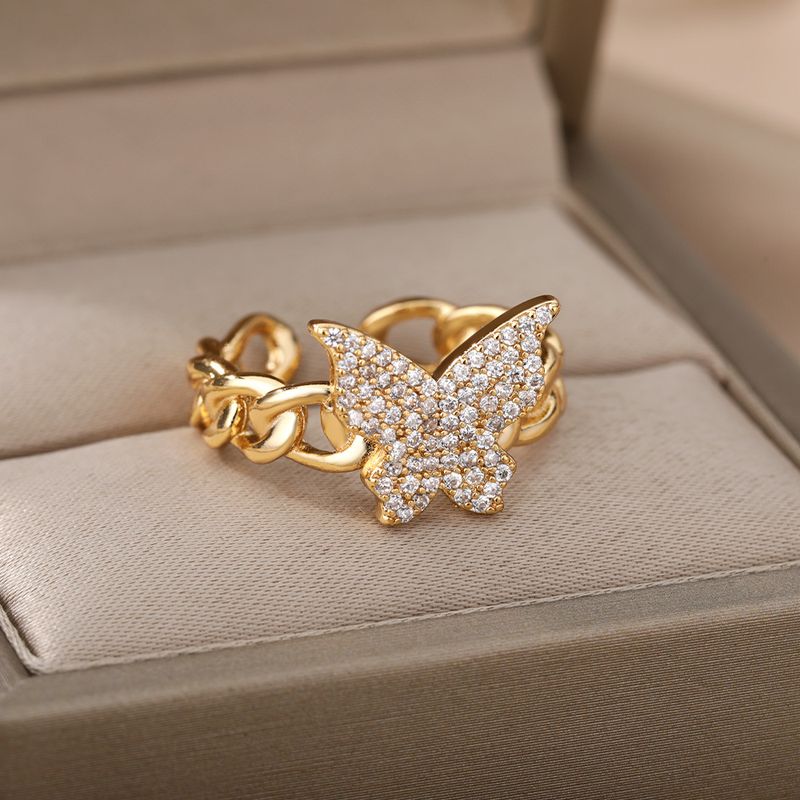 Farfalla in zircone per donna, anello a maglie cubane aperte, semplice ed elegante, regolabile_voghion.com